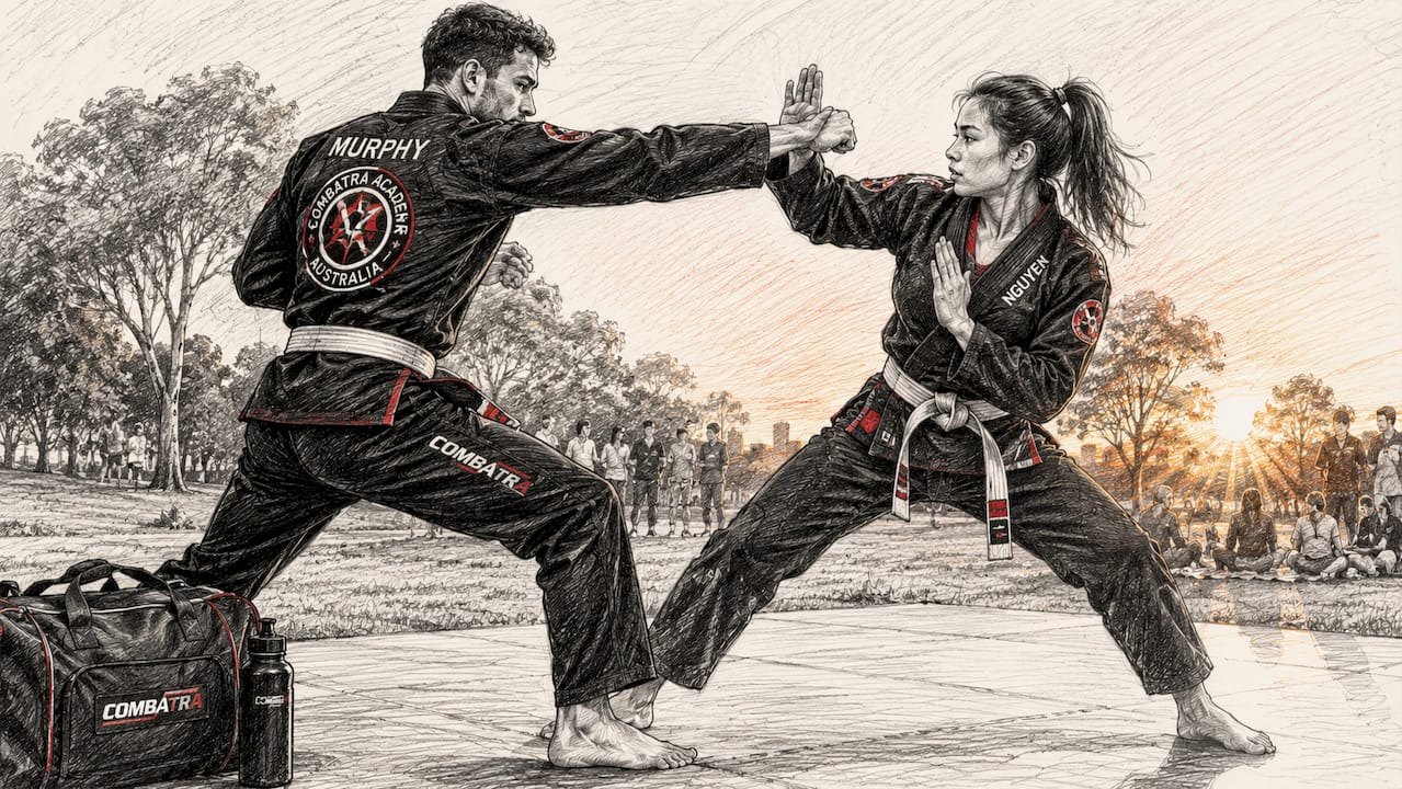 Athletes training in custom branded BJJ gis in gym