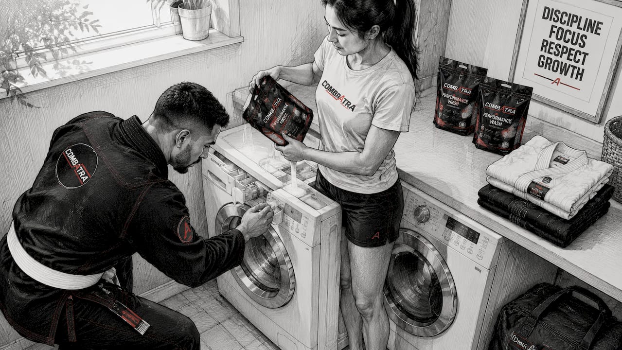 Athletes washing custom BJJ gis in gym laundry