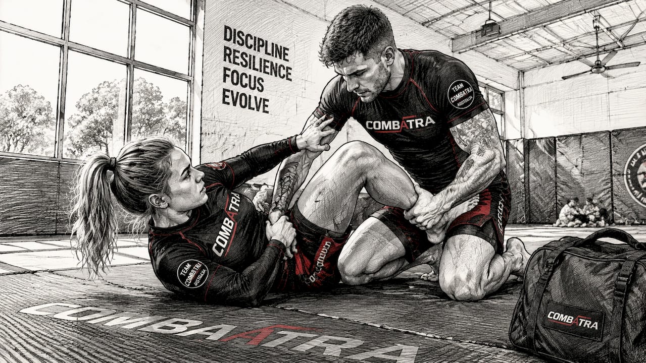 Athletes training no-gi BJJ in gym wearing rashguards and compression shorts