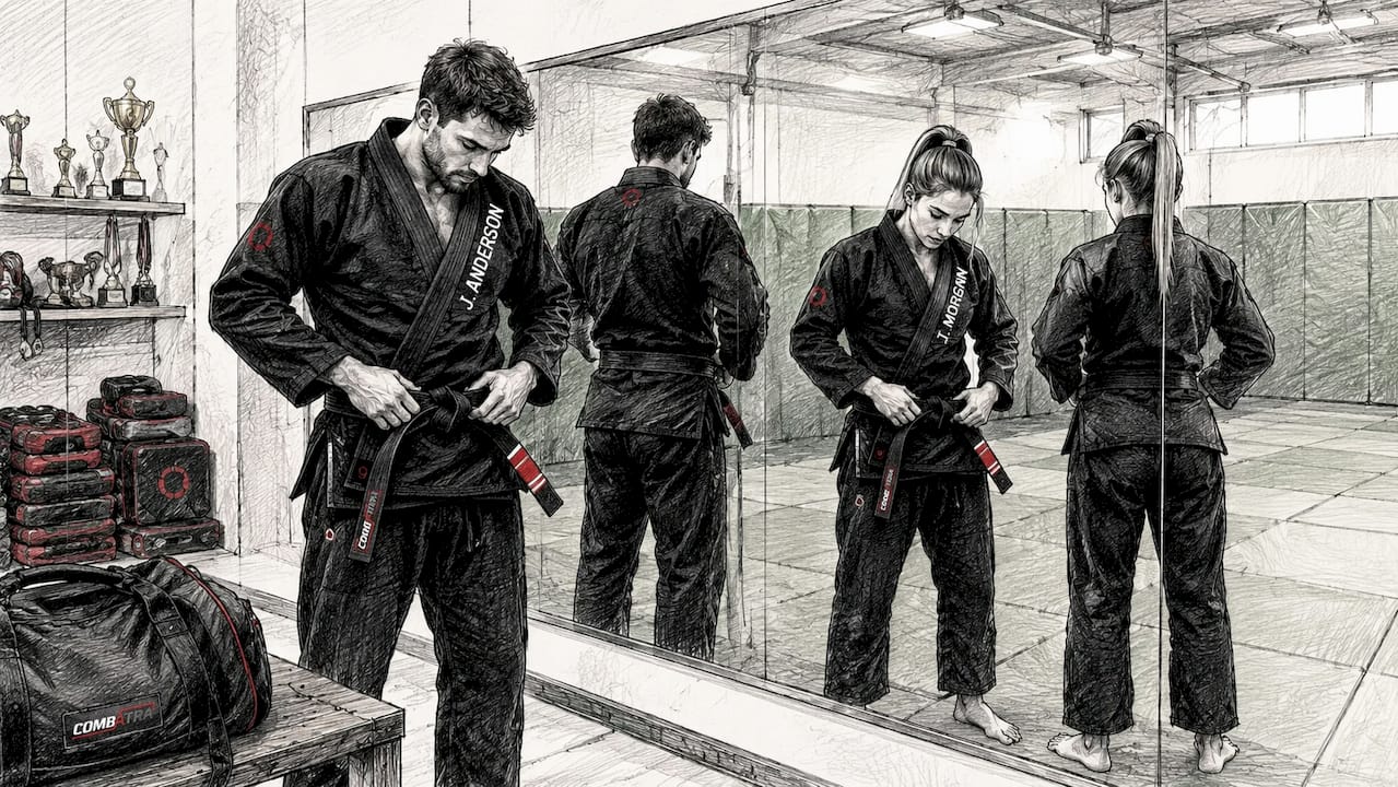 Athletes measuring karate gi sizing in gym