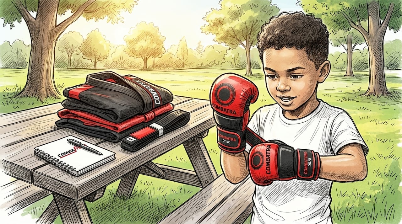 Child lacing up custom martial arts gloves