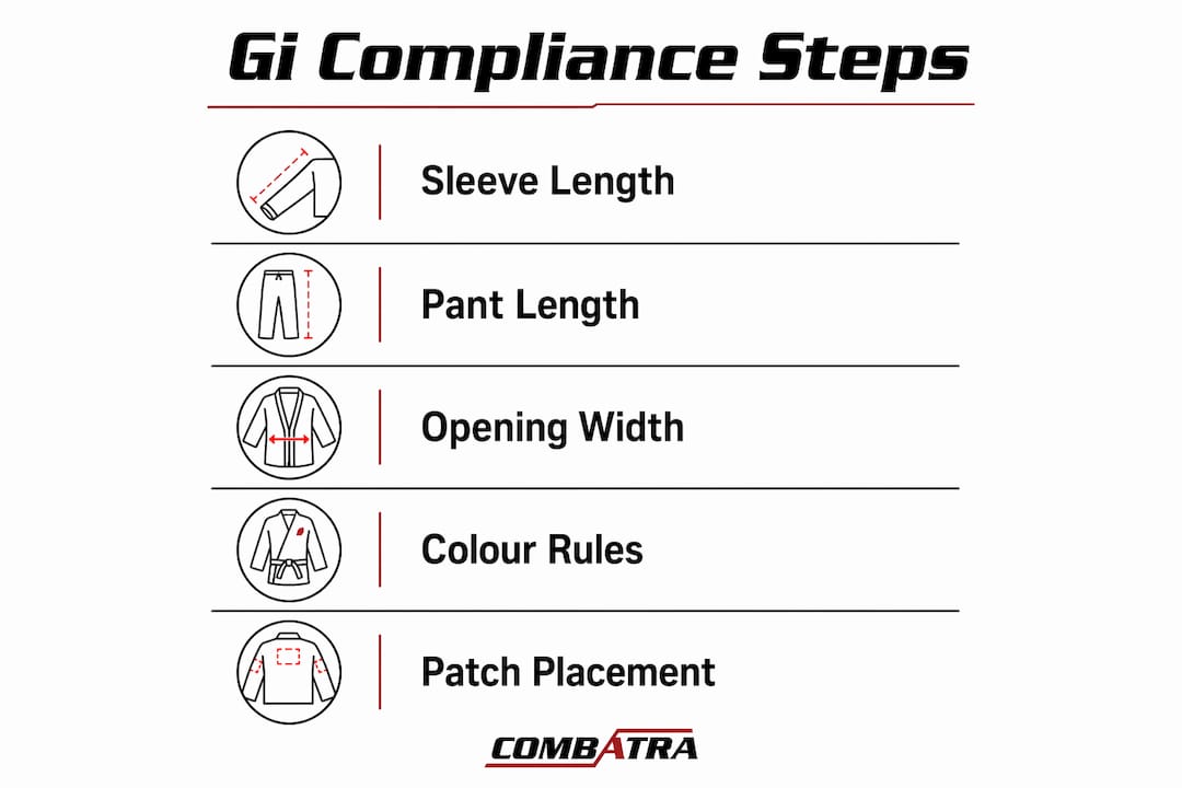 Infographic showing key BJJ gi compliance steps with icons