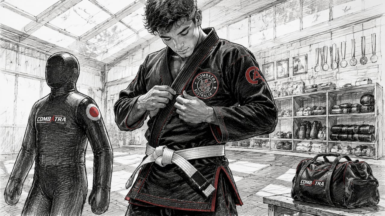 Athlete adjusting embroidered custom BJJ gi patches