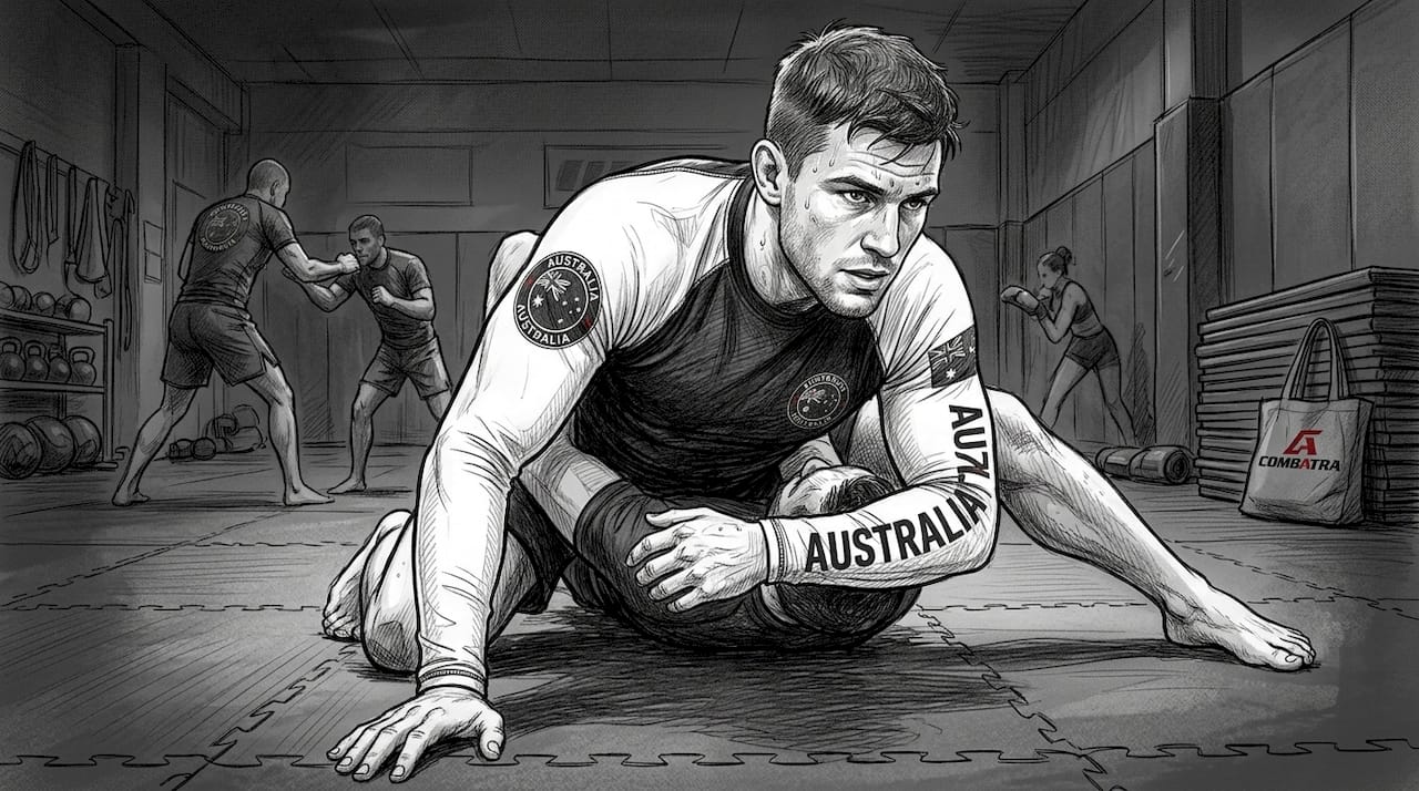 Australian athlete training indoors in Combatra rashguard
