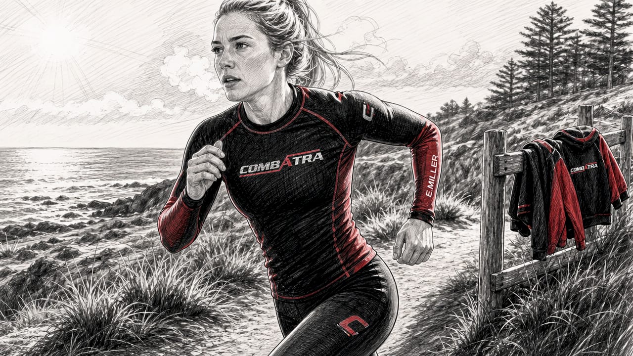 Female athlete sprinting outdoors in winter with rashguard