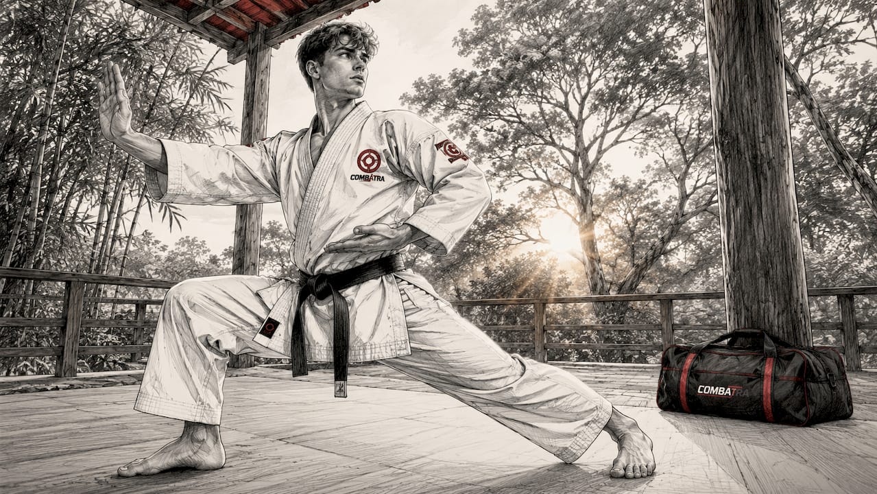 Athlete practicing kata in custom karate gi