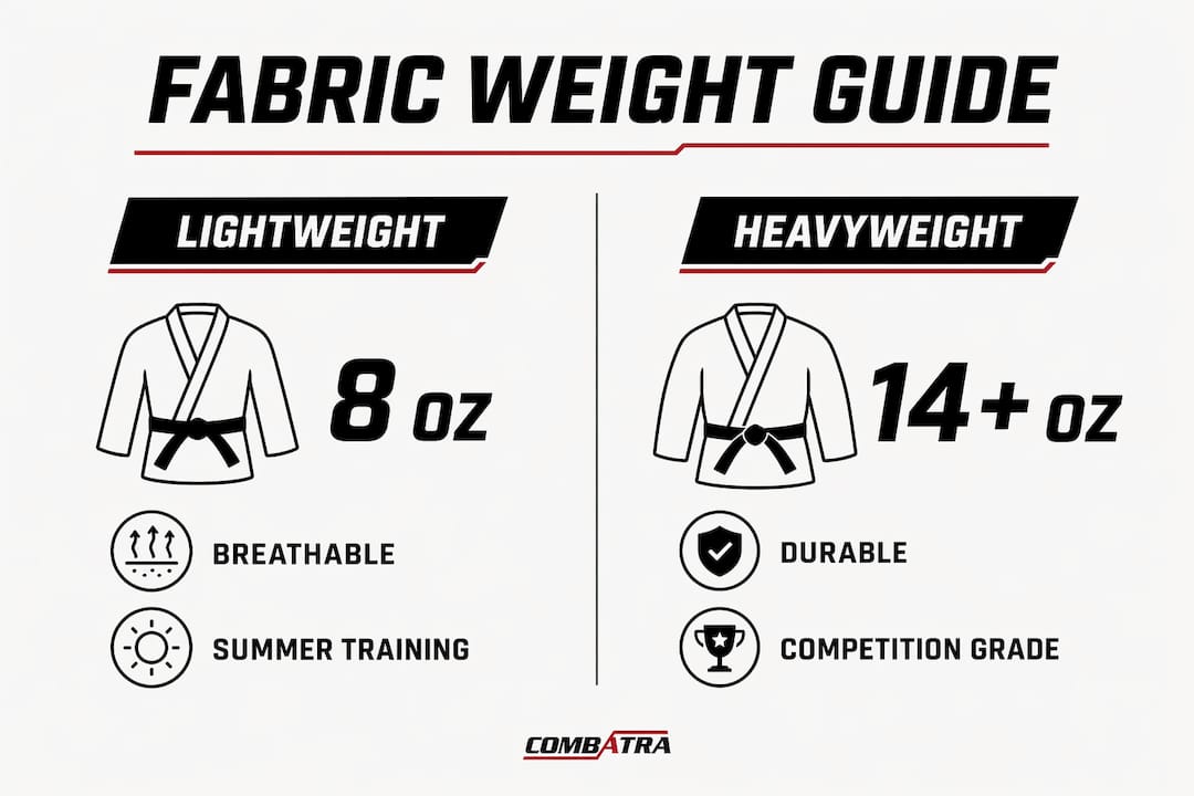 Infographic comparing lightweight and heavyweight karate gi fabrics