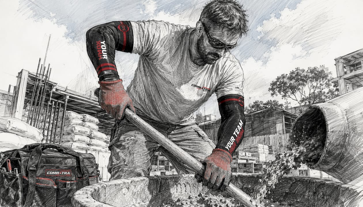 Construction worker with branded compression arm sleeves