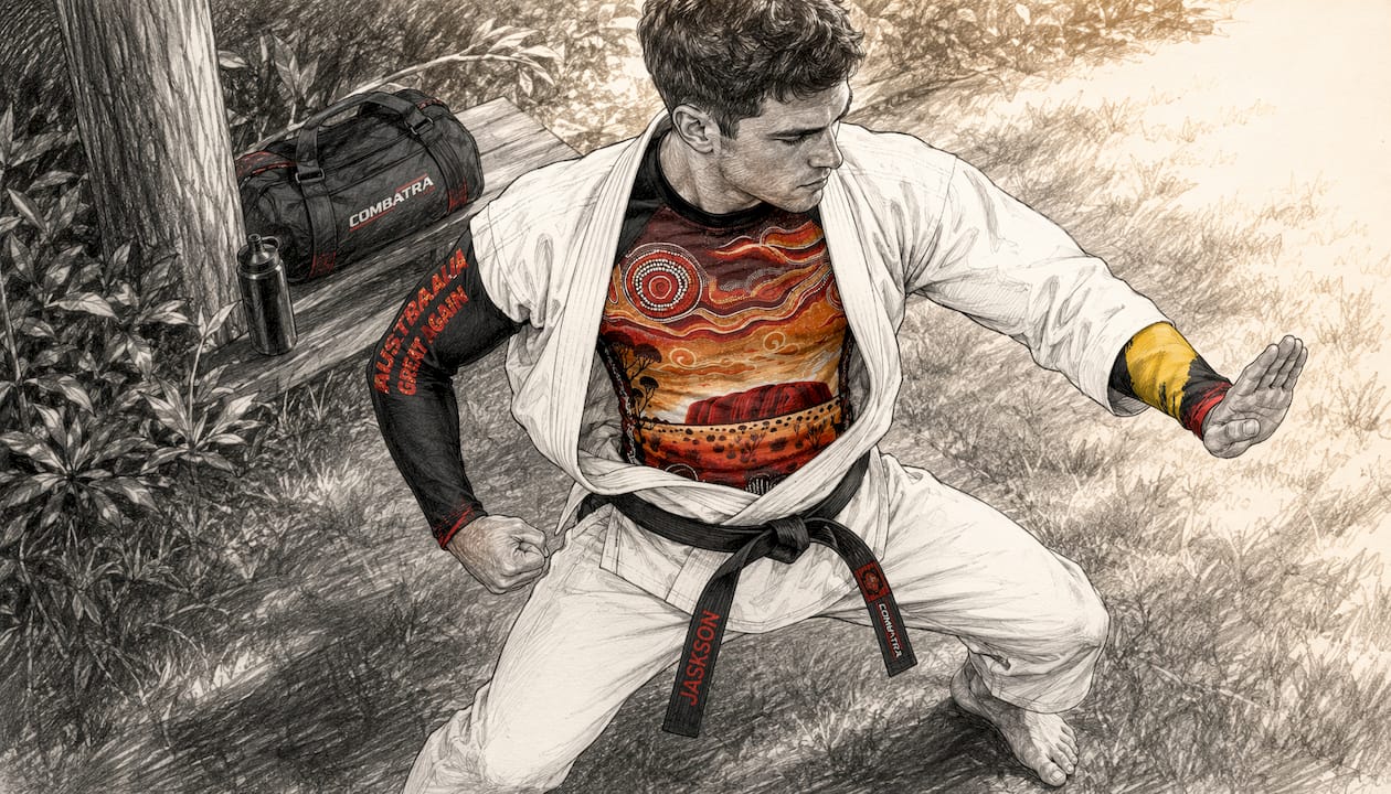 Karate athlete training in rashguard and gi