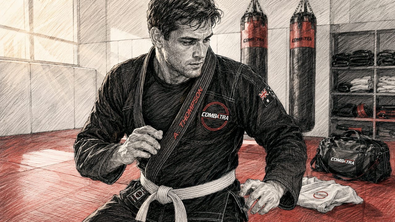 Athlete training in custom pearl weave gi indoors