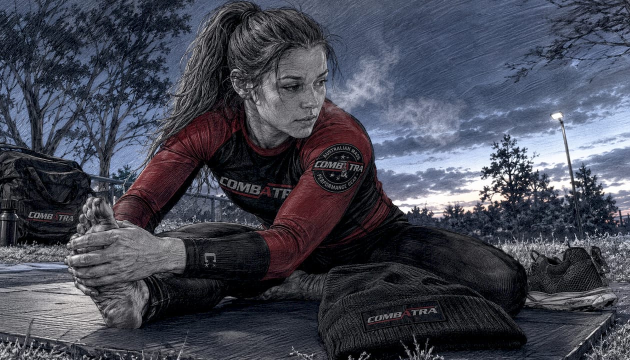 Female athlete warming up outdoors in rashguard
