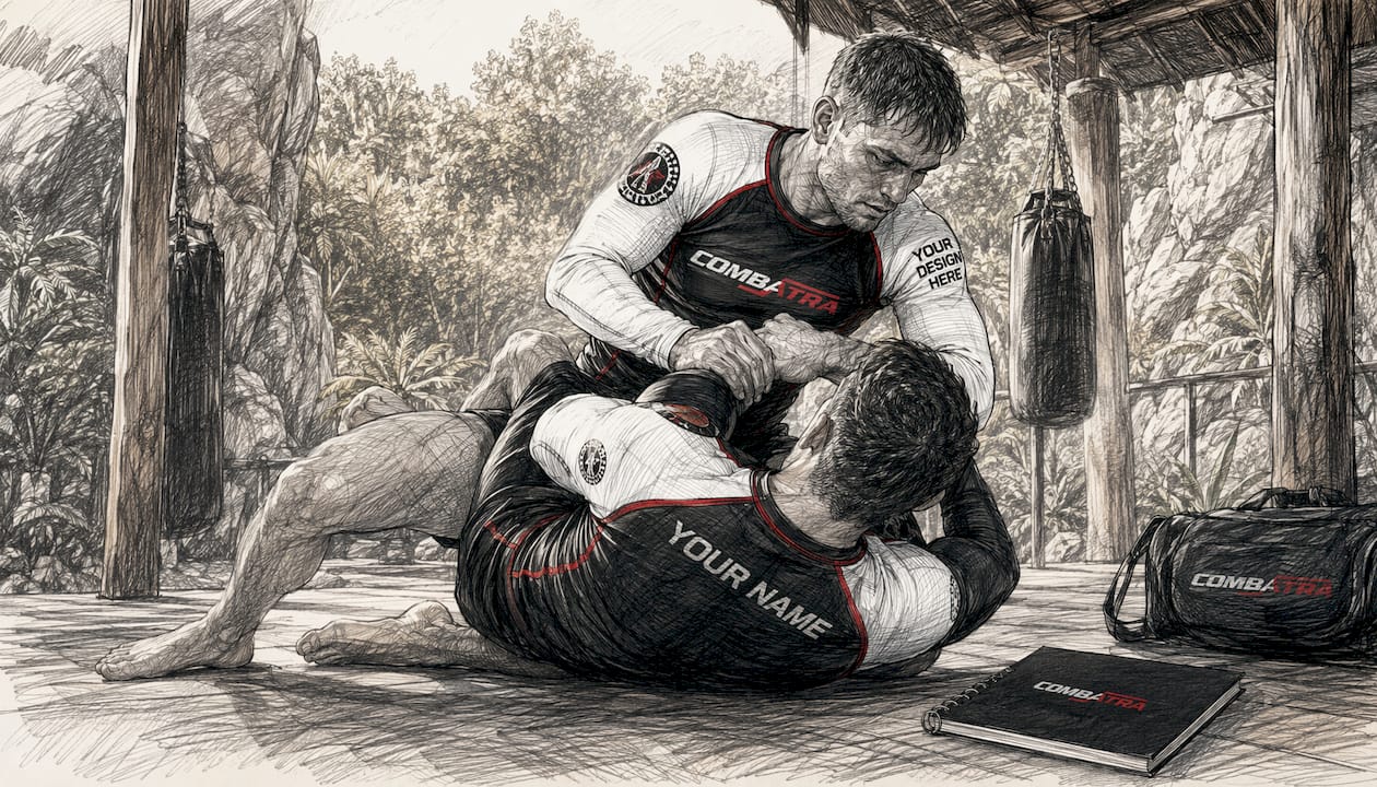 Athletes grappling in custom rashguards