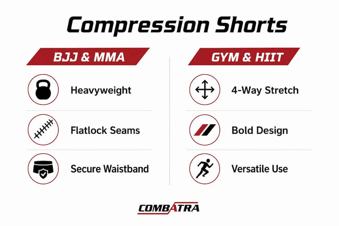 Infographic comparing compression shorts for BJJ/MMA and gym training