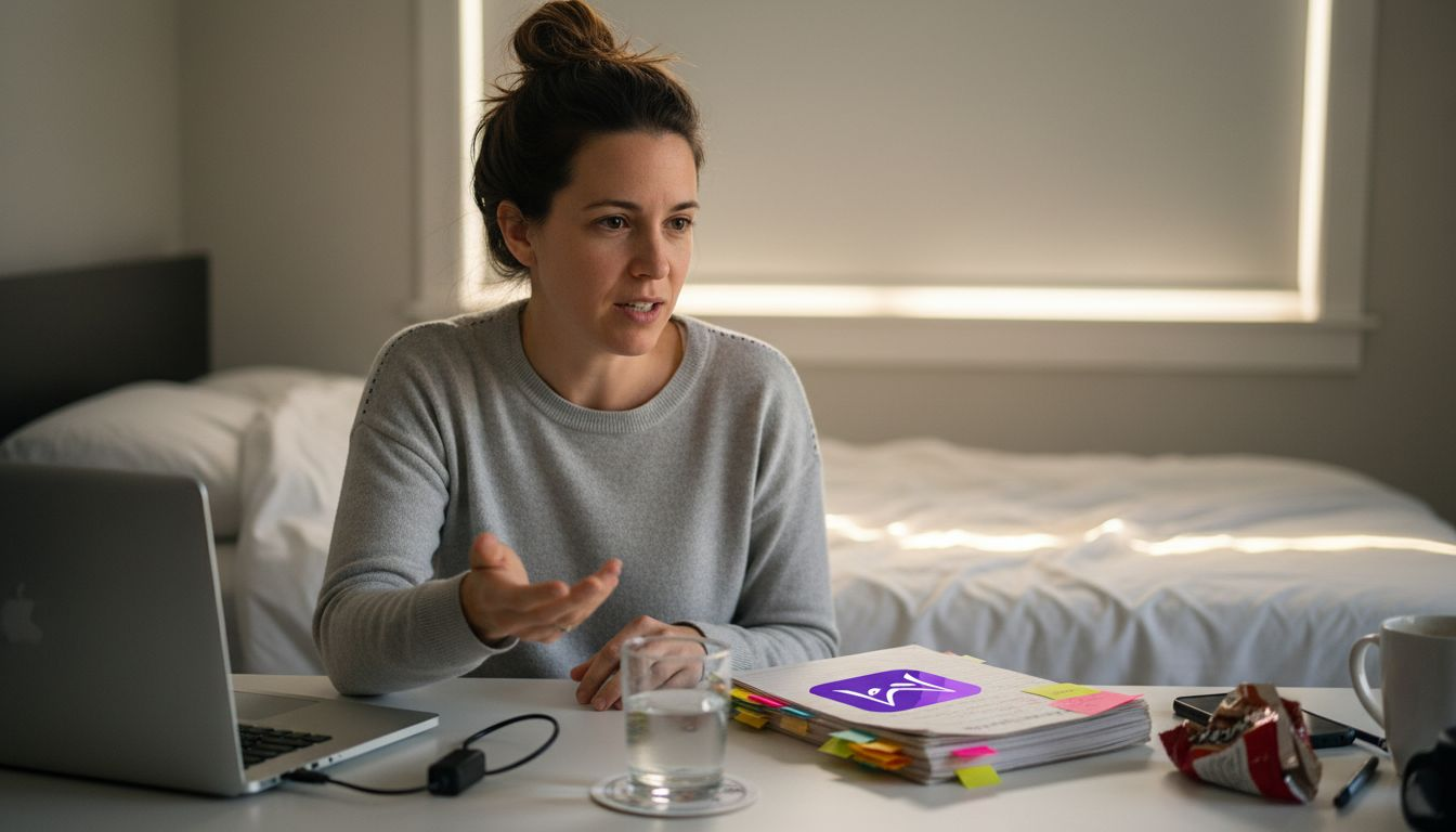 Woman answers remote interview at cluttered desk
