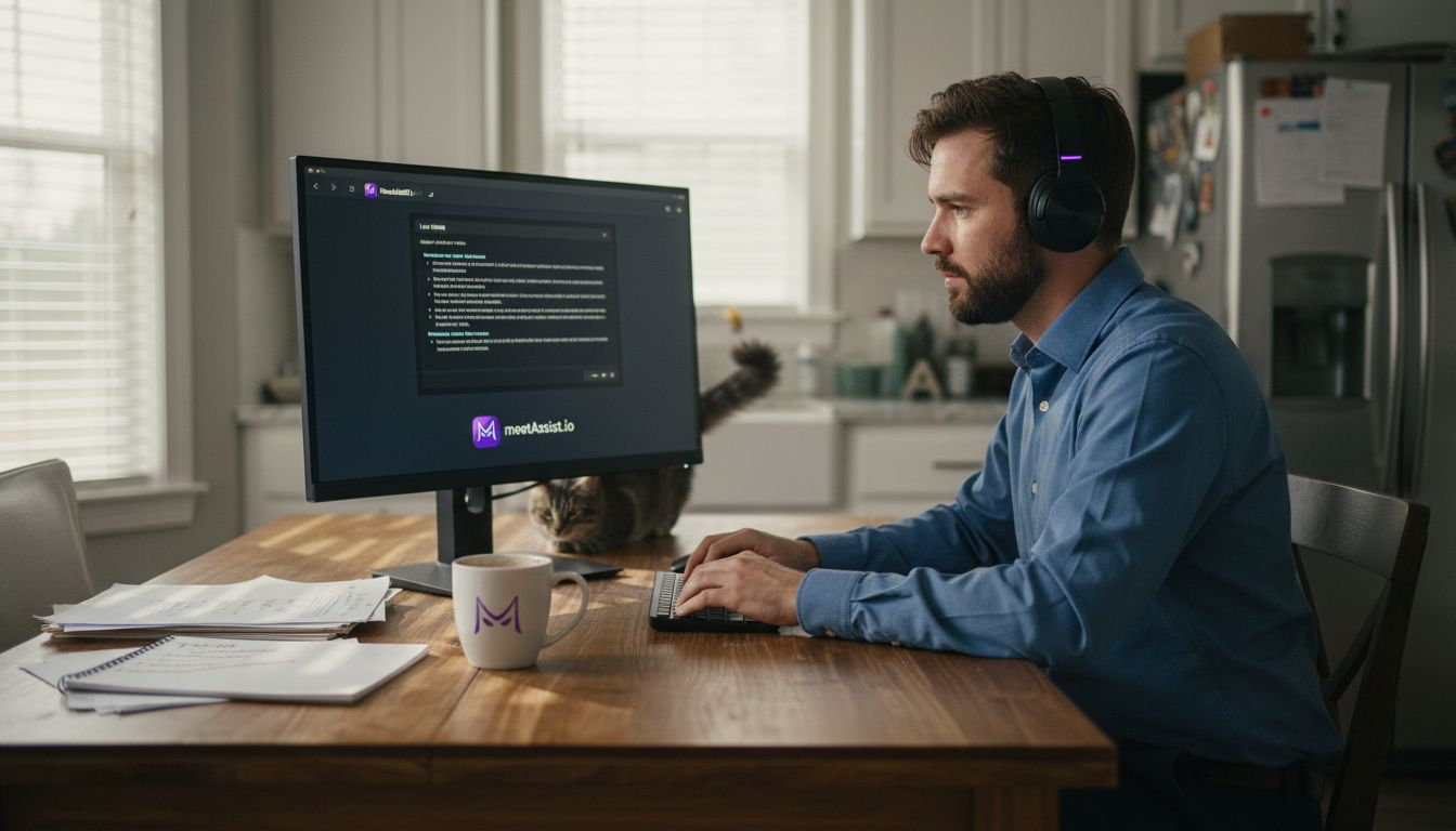 Man referencing AI interview suggestions at desk