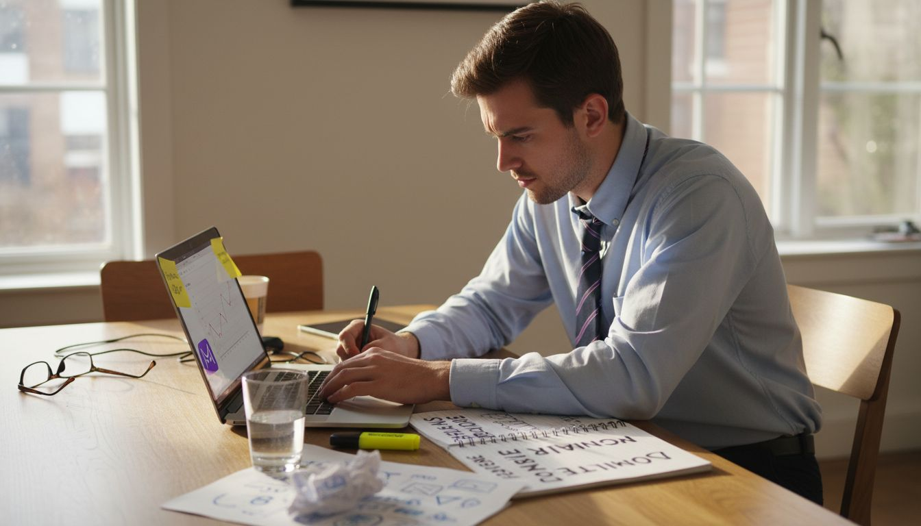 Man revising bullet points with action verbs