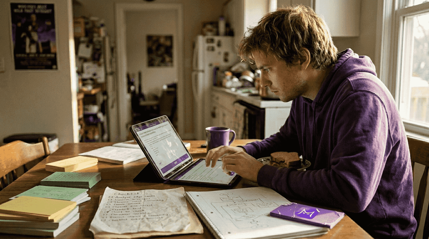 Man practicing interview skills with tablet and notes