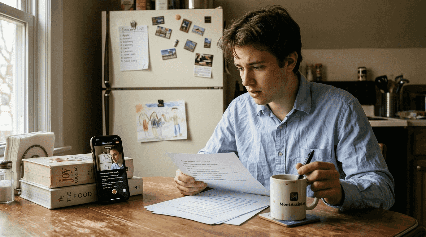 Candidate practicing interview answers at kitchen table