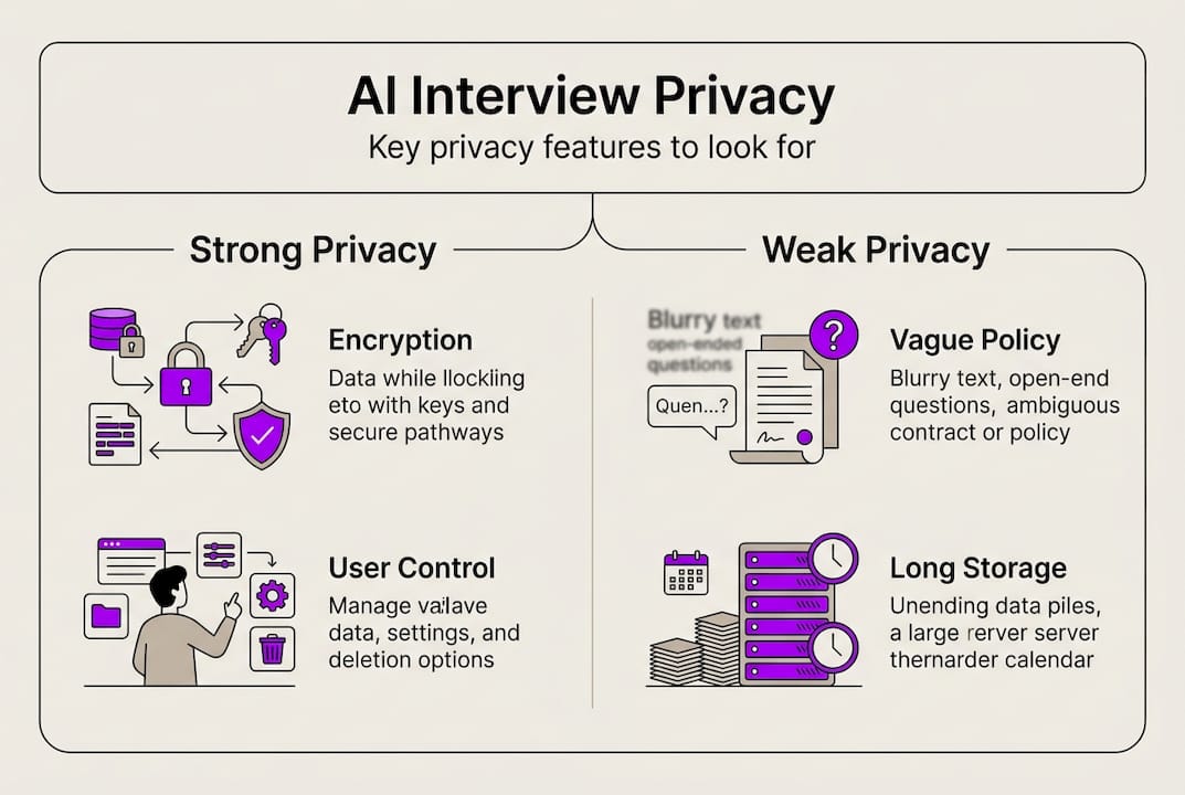 Infographic outlining privacy features in AI interview tools