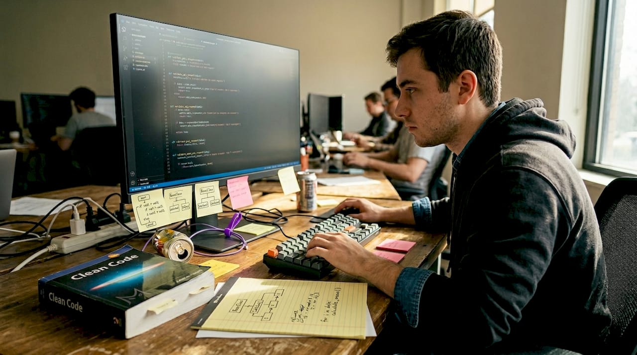 Man coding with notes on simple project