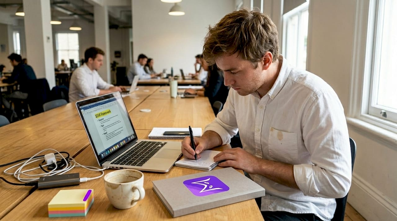 Man writing personalized interview answers at office table