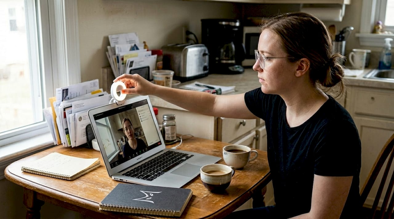 Woman checking lighting for remote interview at kitchen table