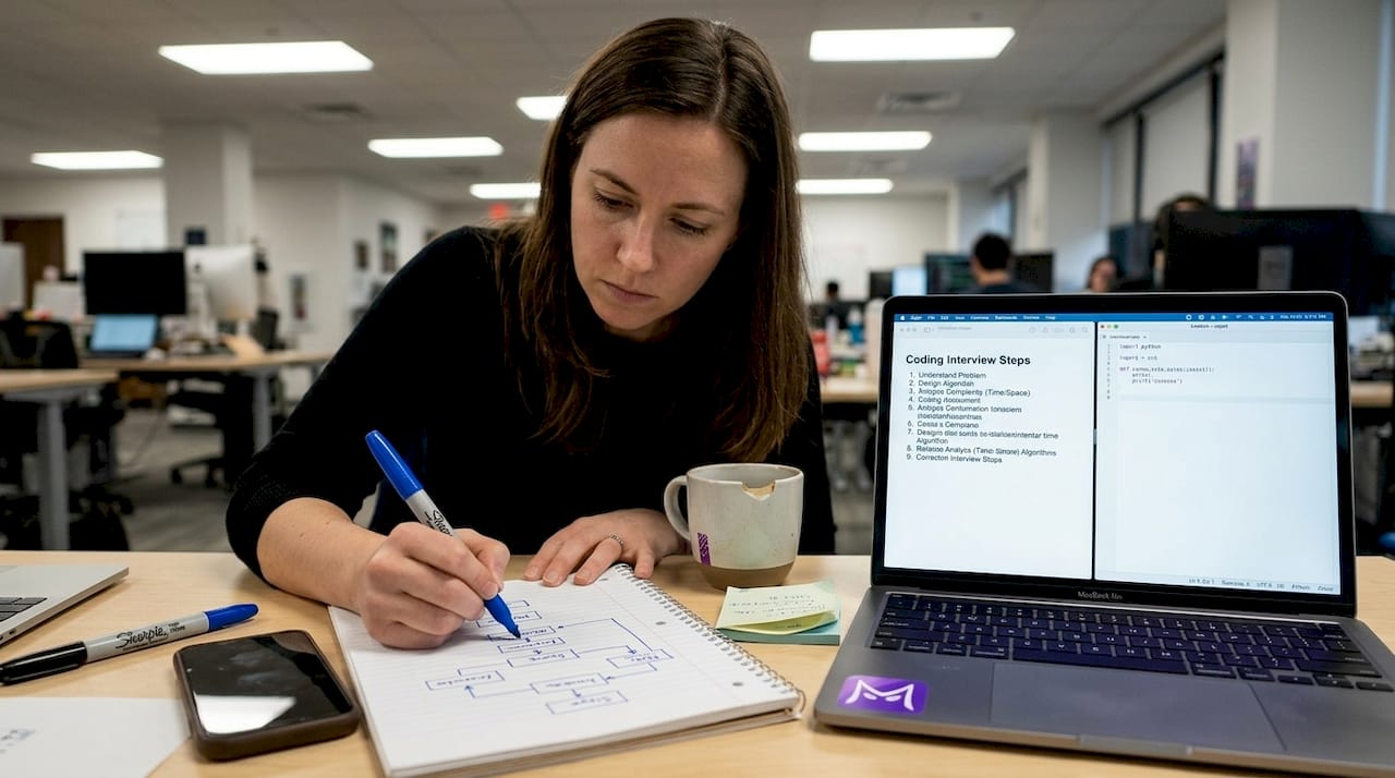 Woman sketching coding interview flowchart at desk