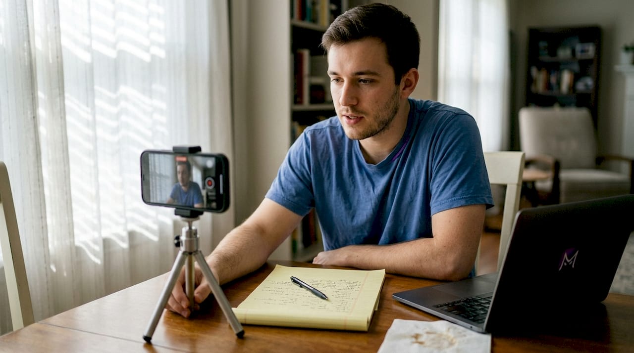 Man practicing interview answers on video