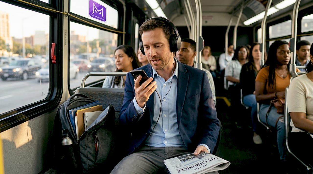 Man practicing interview answers on city bus