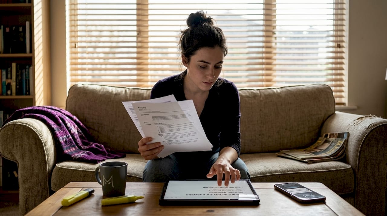 Person preparing interview answers with resume