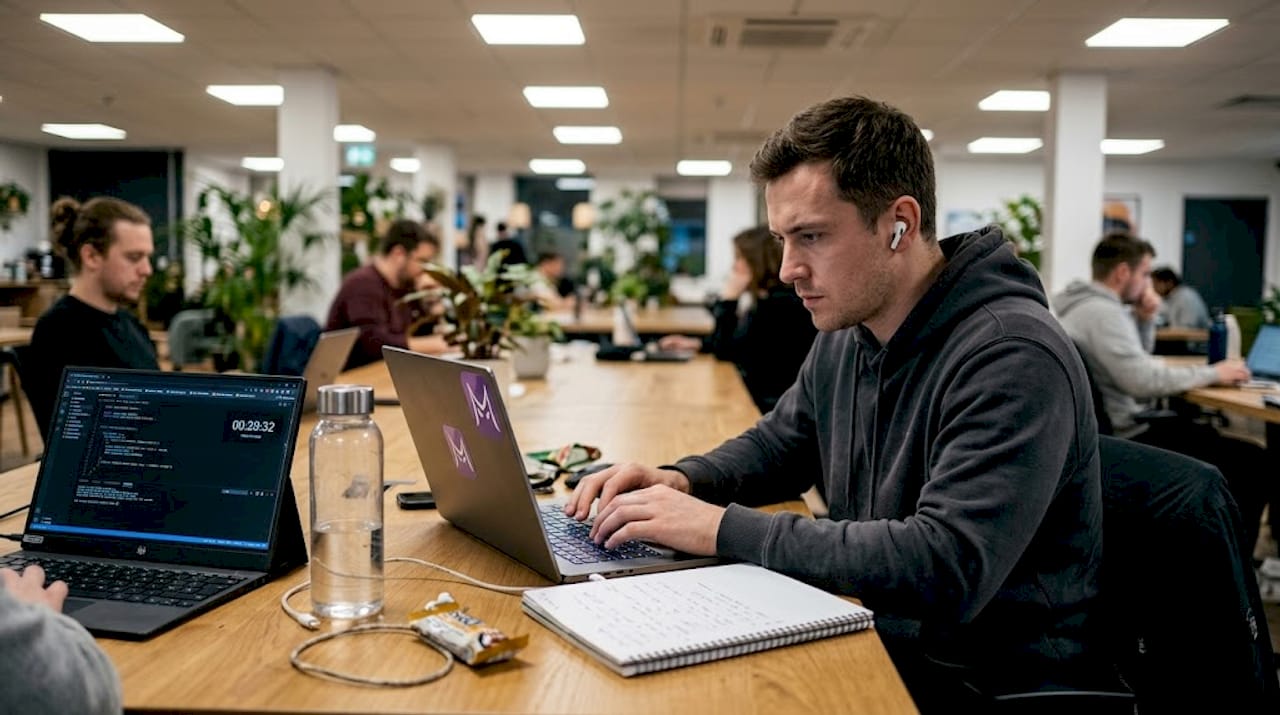 Man taking AI-graded coding assessment in coworking space