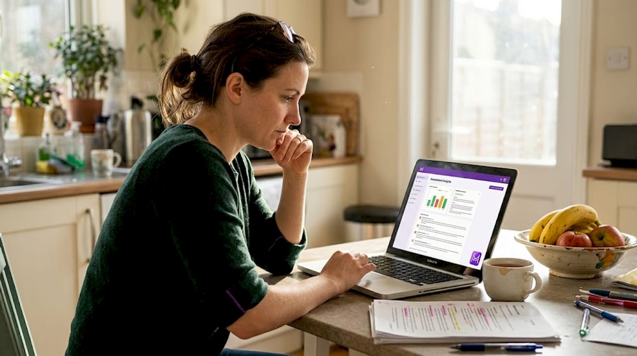 Woman reviewing AI quiz feedback at kitchen table