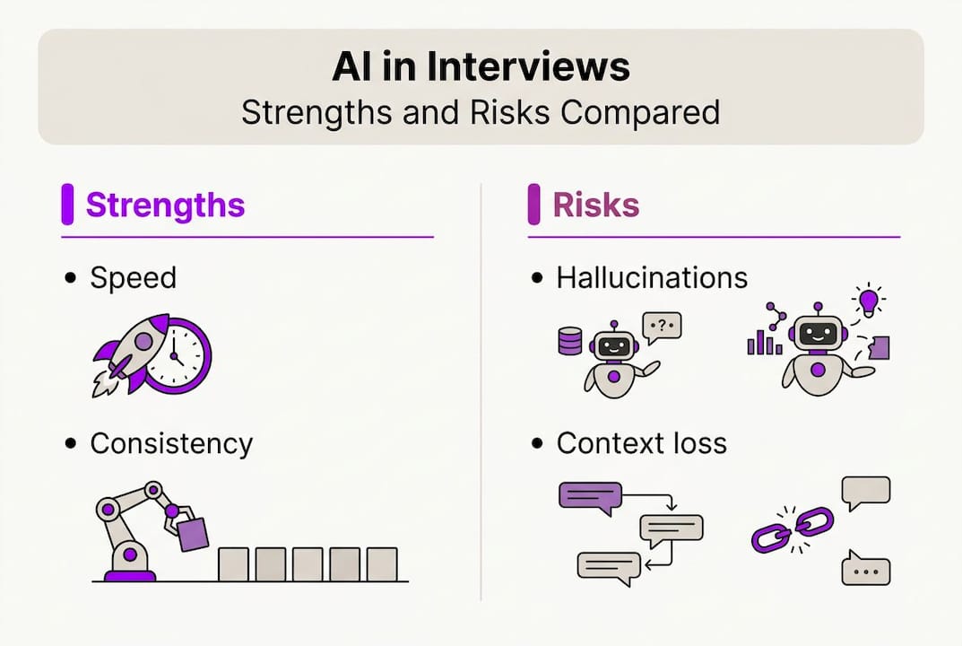 Infographic showing AI interview strengths and risks