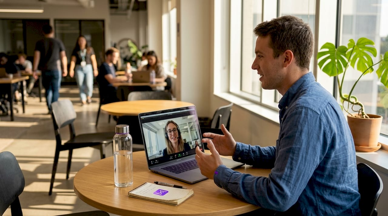 Candidate in open-plan workspace virtual interview