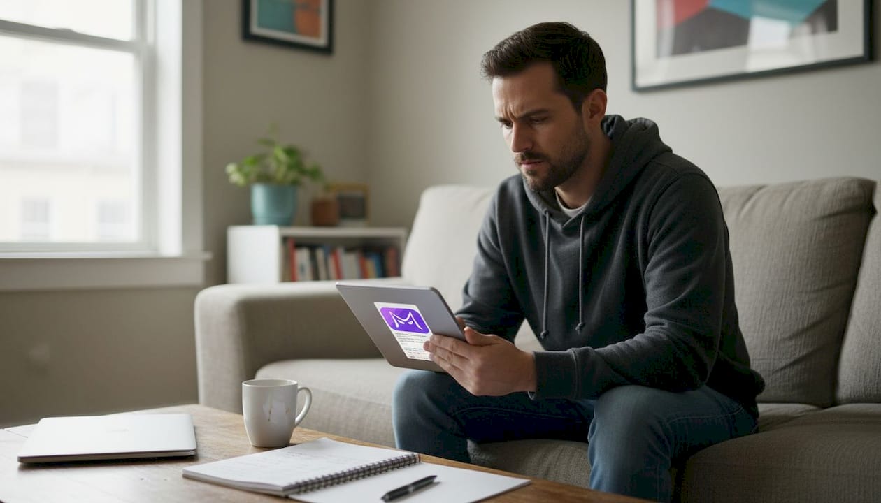 Man checking AI interview feedback at home
