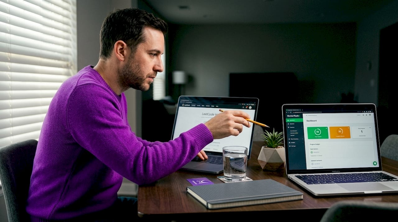 Man comparing coding platforms at dining table