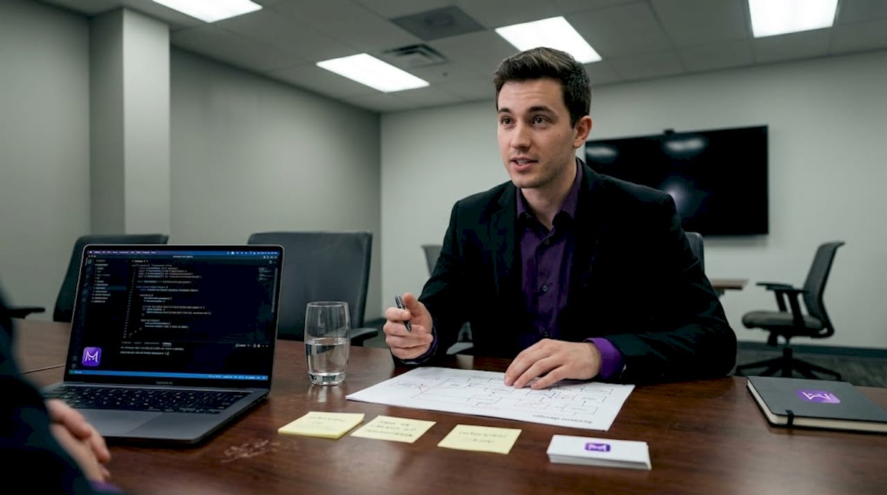 Technical interview candidate discussing answer in office