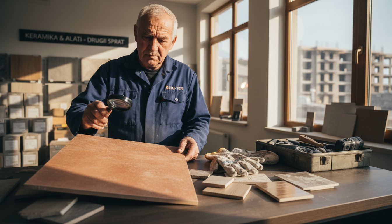 Muškarac pažljivo proverava da li je površina keramičke pločice glatka i bez oštećenja.