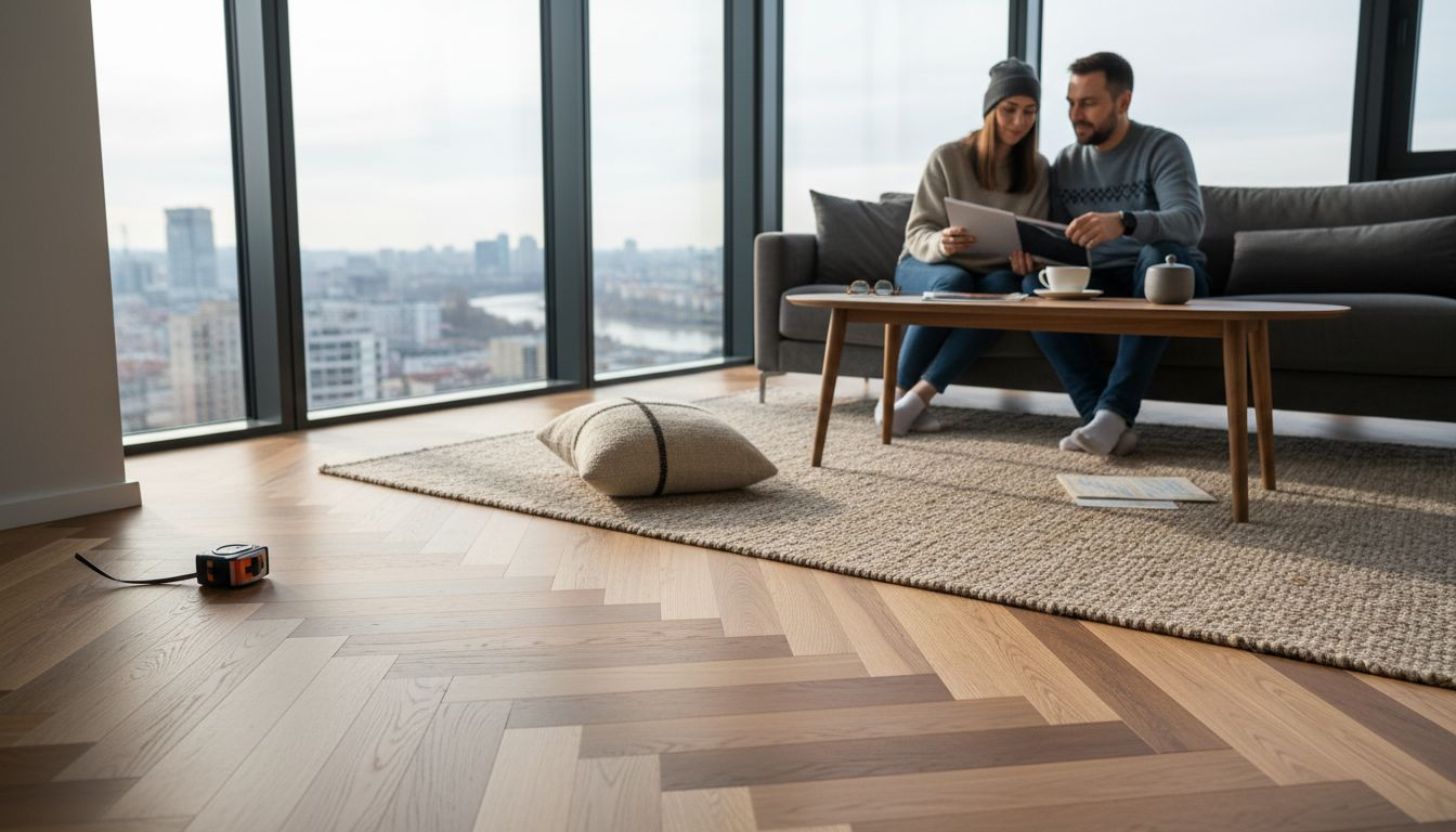 Prostran i svetao dnevni boravak sa elegantnim višeslojnim parketom.