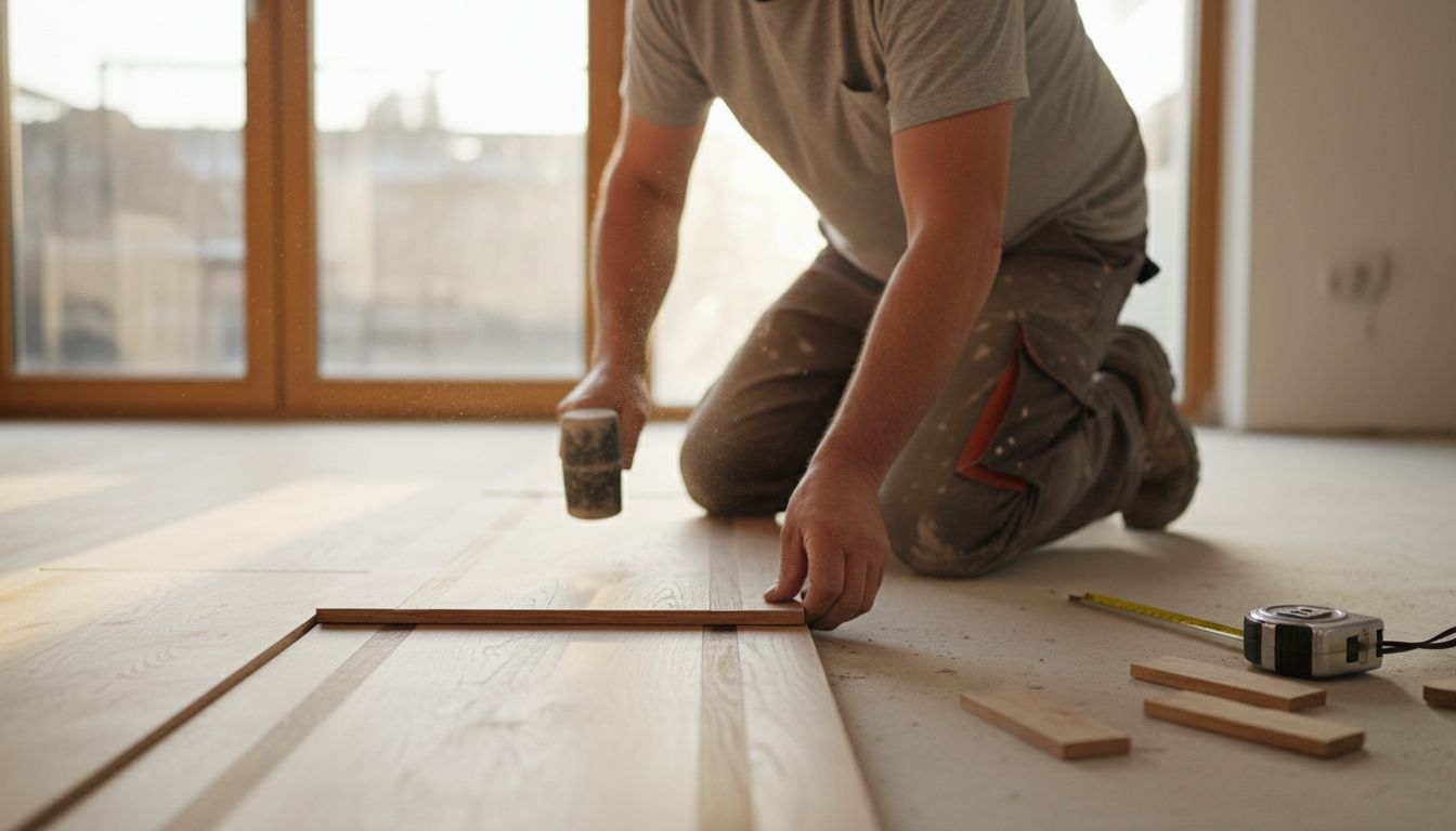 Majstor precizno postavlja višeslojni parket, pažljivo uklapajući daske jednu do druge.
