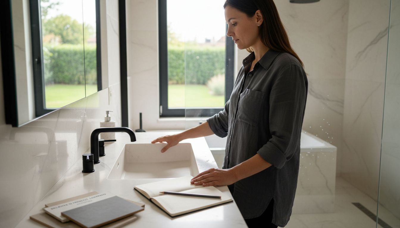 Arhitektkinja pažljivo pregleda mermerni umivaonik u kupatilu, proveravajući da li je sve urađeno kako treba.