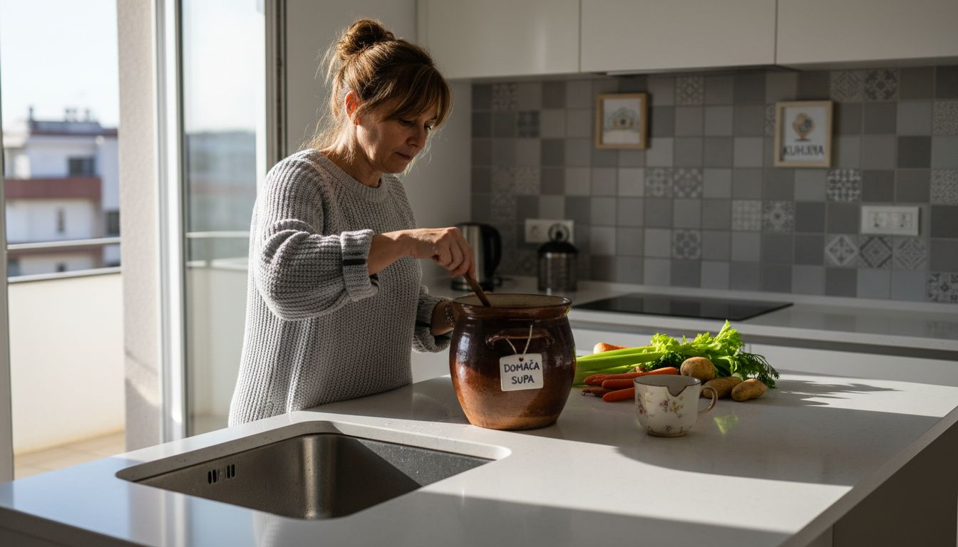 Žena sprema ručak u kuhinji koristeći keramičko posuđe.