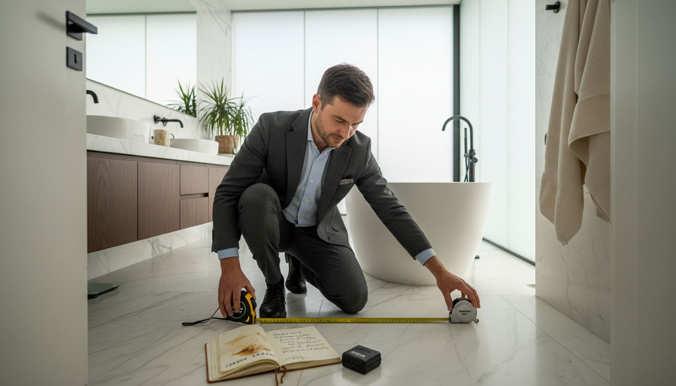 Dizajner pažljivo meri prostor u luksuznom kupatilu kako bi svaki detalj savršeno uklopio u enterijer.