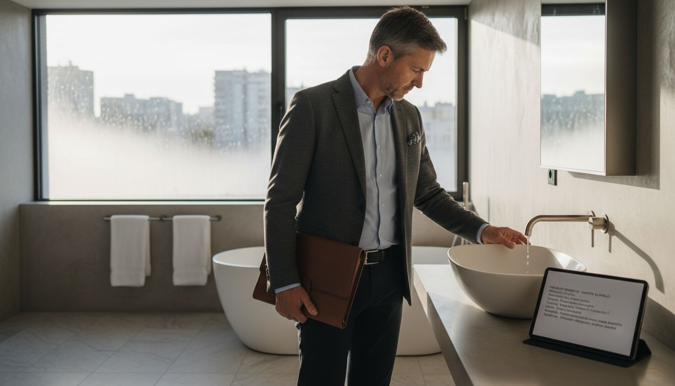 Enterijerista pažljivo razgleda luksuznu opremu za kupatilo, proveravajući svaki detalj i kvalitet izrade.