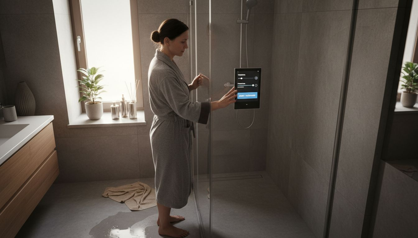 Žena uživa pod tušem koristeći pametnu eko tuš panelu.