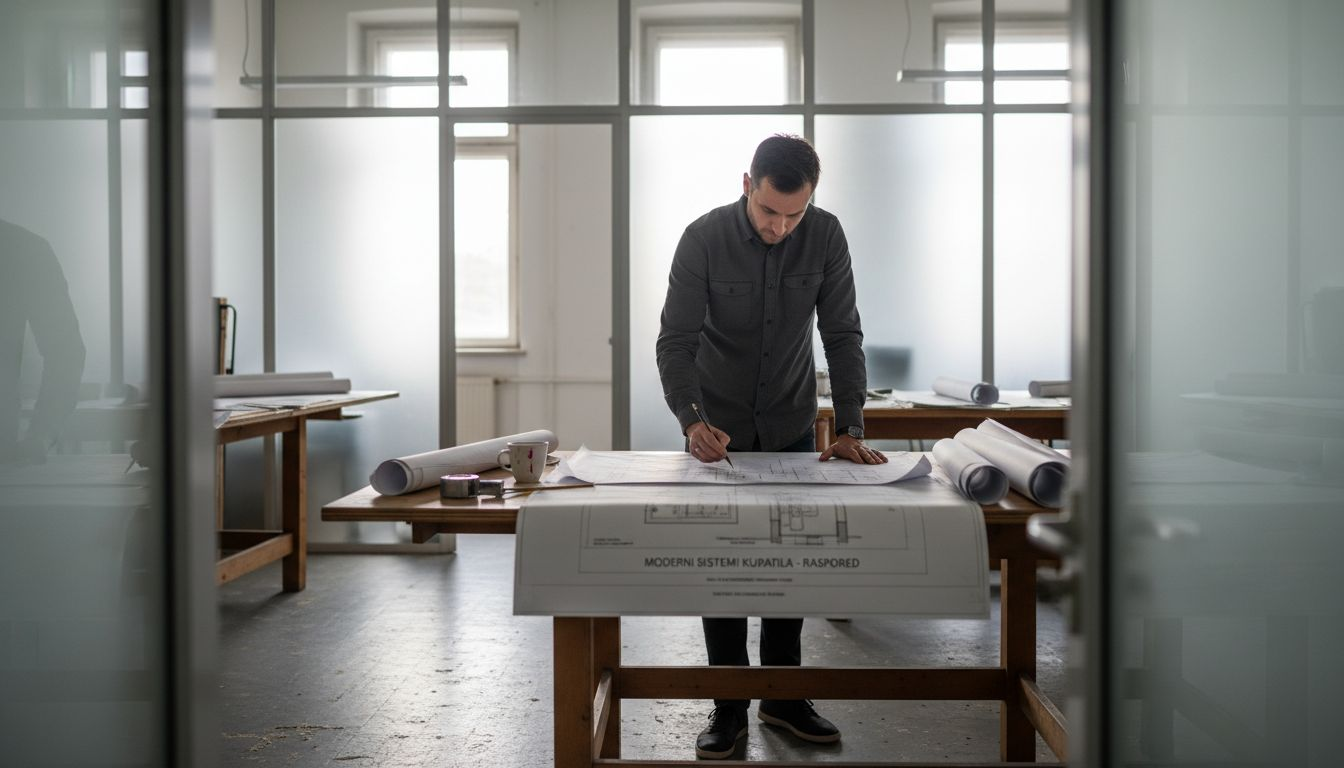 Arhitekta detaljno proučava planove instalacija za kupatilo, obraćajući pažnju na svaki tehnički detalj kako bi sve funkcionisalo besprekorno.