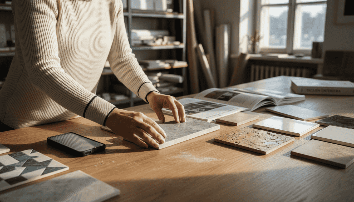 Dizajner pažljivo upoređuje uzorke mermera i keramičkih pločica, razmatrajući koji materijal će najbolje odgovarati enterijeru.