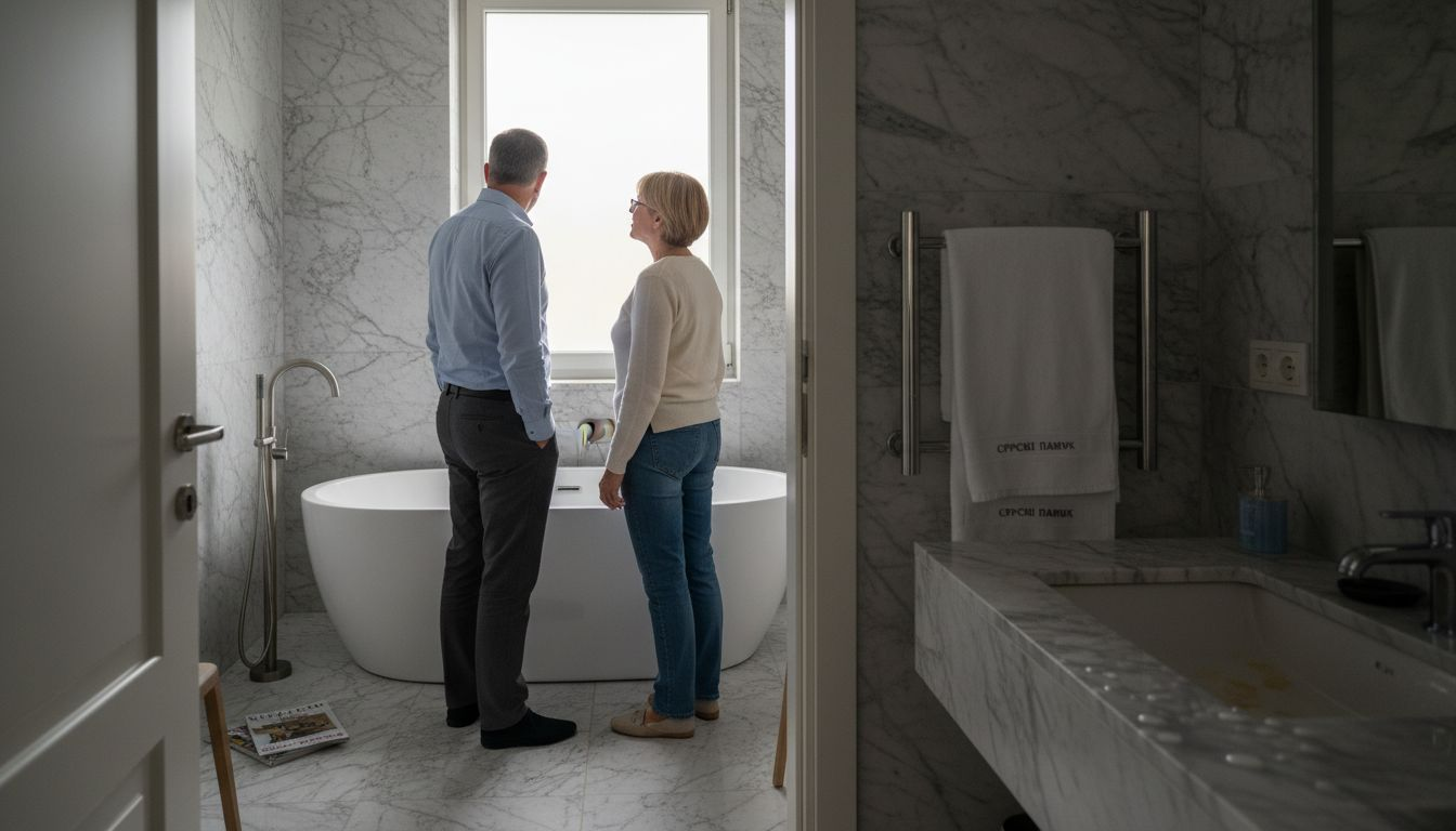 Par sa oduševljenjem razgledа raskošno kupatilo od mermera.