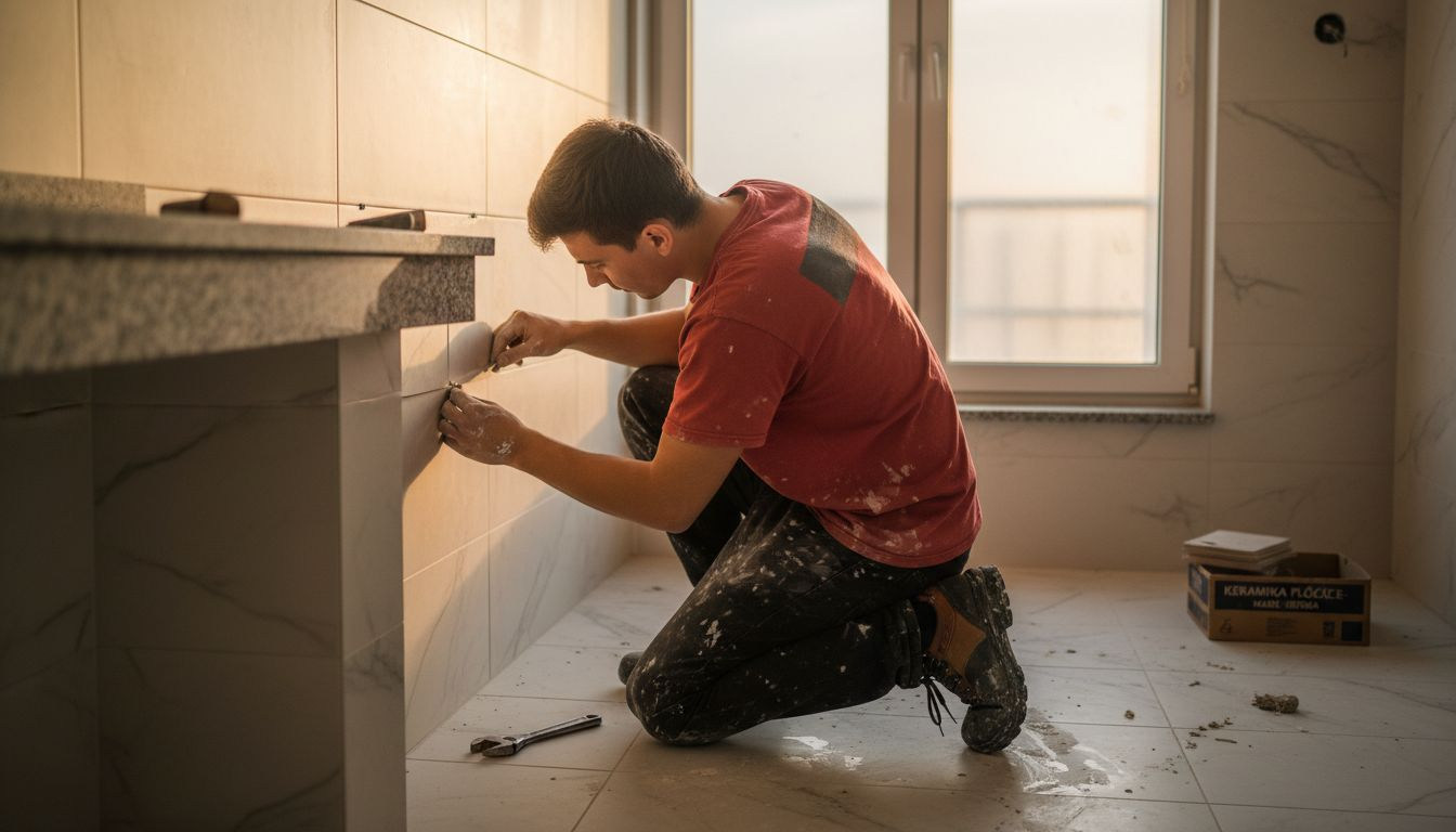 Majstor postavlja granitne pločice u kupatilu.