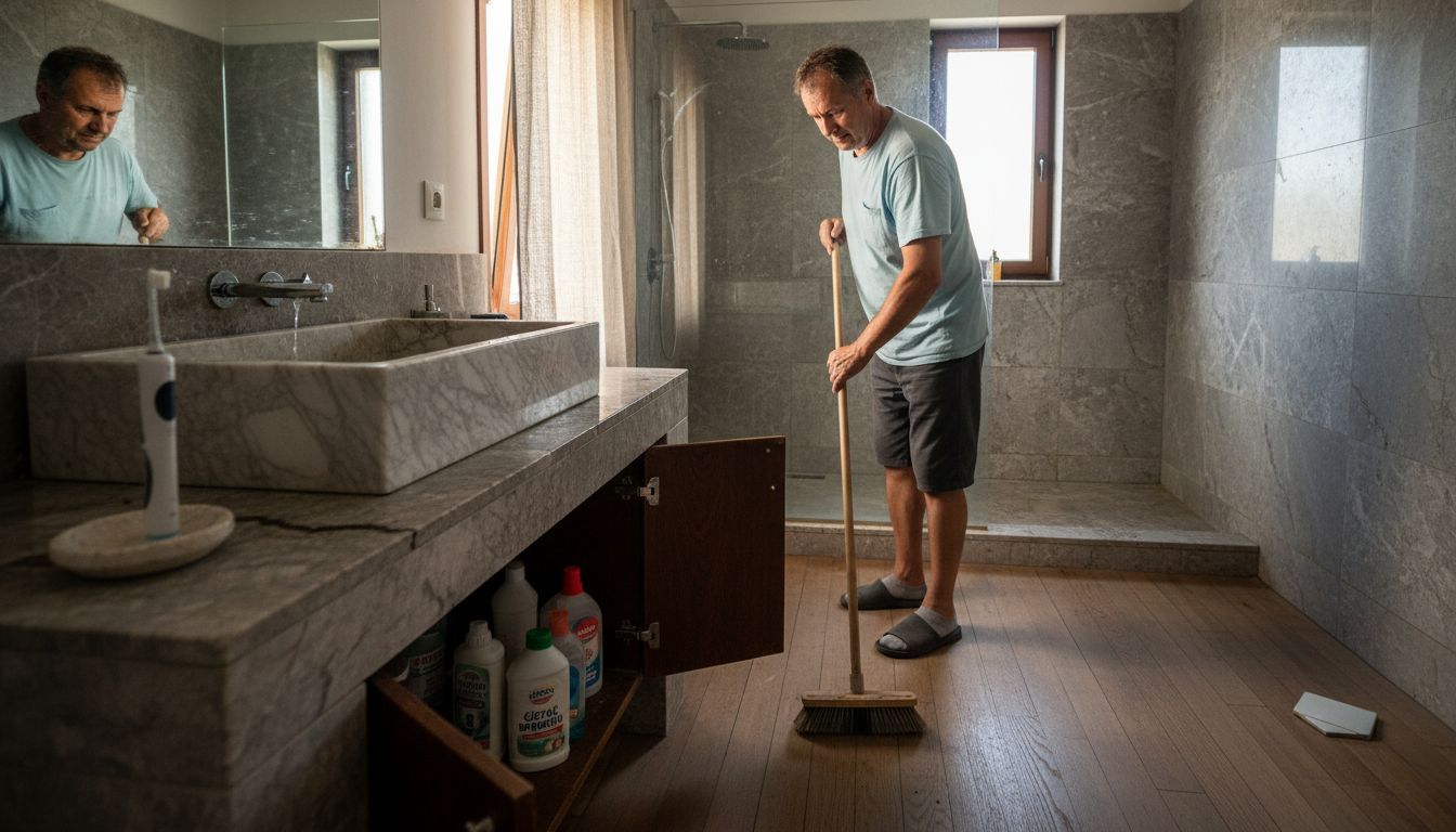 Muškarac detaljno čisti luksuzno kupatilo u kojem se kombinuju različiti materijali, vodeći računa da svaki deo zablista.